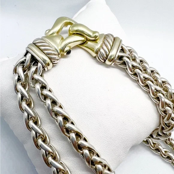 David Yurman Gold Buckle Double Wheat Chain Necklace With Rhodolite Garnet - Picture 14 of 14